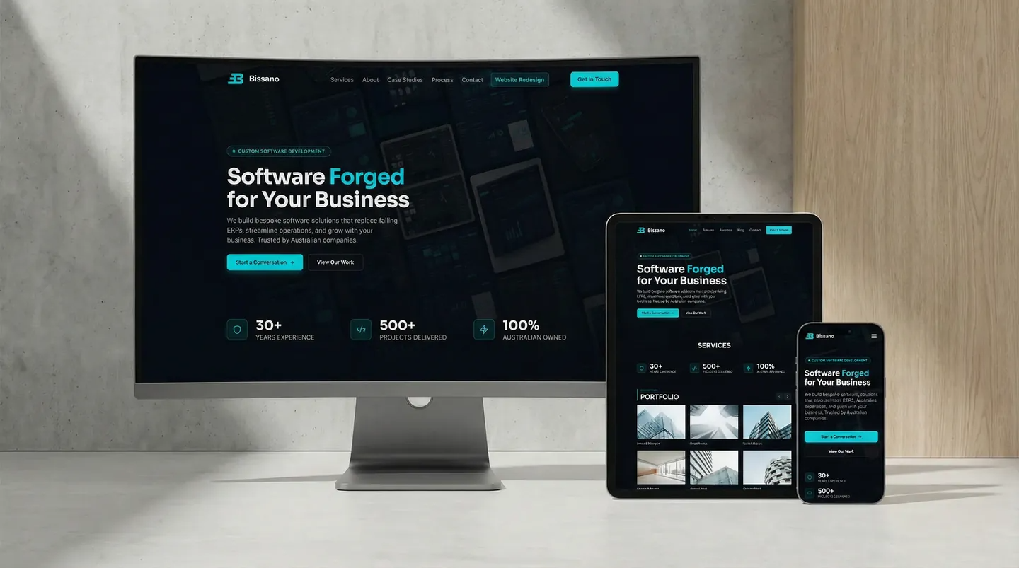 Bissano website displayed on desktop monitor, tablet, and phone